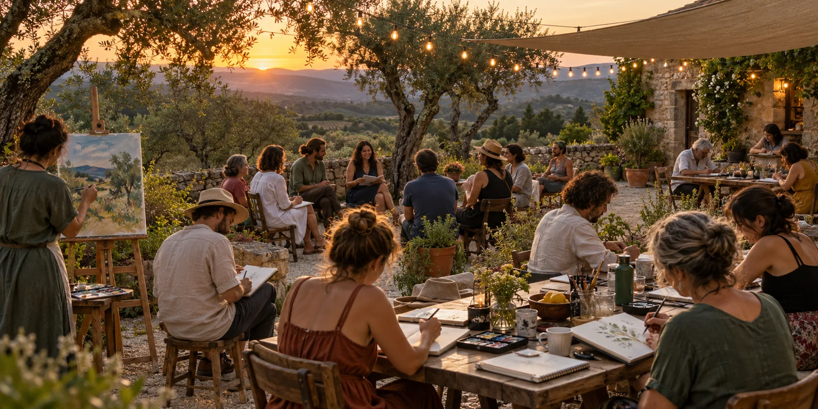 Concept illustration of an intimate outdoor writing and arts gathering with painting, sketching and poetry