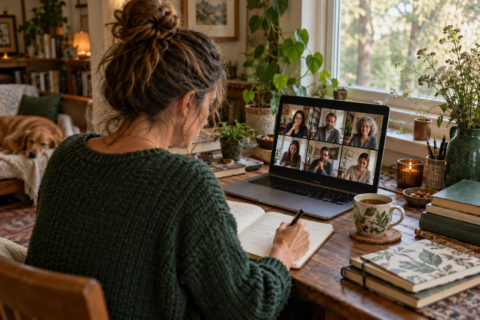 Illustrative scene of a writer joining an online retreat from a cosy home workspace