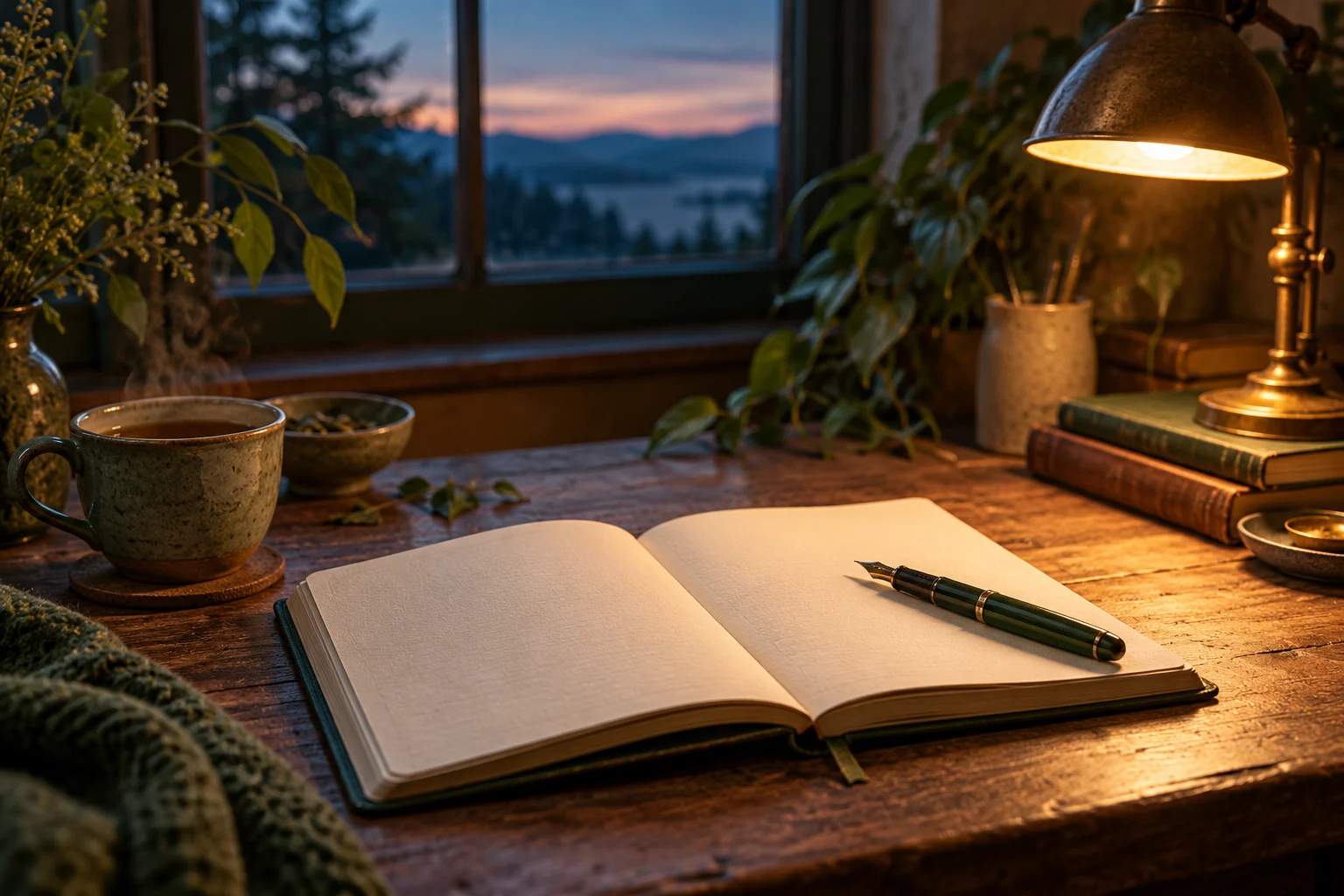 Illustration of an open notebook, pen and cup of tea in warm lamplight